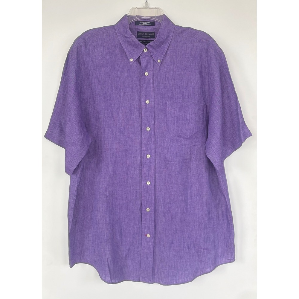 Daniel Cremieux 100% Italian Linen Short Sleeve Button Down Shirt Mens L Purple